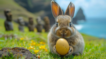 Easter bunny holding an egg, near the ocean with Moai statues in the background.の写真素材