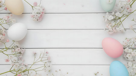 Pastel colored Easter eggs and delicate baby's breath flowers arranged on a white wooden background. Perfect for spring and Easter celebrations.の写真素材