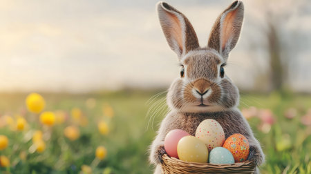 A charming Easter bunny holds a basket of colorful eggs in a vibrant spring meadow.