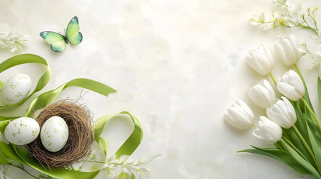 A springtime Easter scene featuring white tulips, decorated eggs in a nest, a green butterfly, and green ribbons.の写真素材