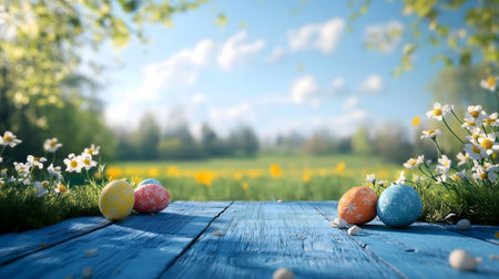 Easter eggs rest on a blue wooden table amidst daisies in a sunny spring meadow.の写真素材