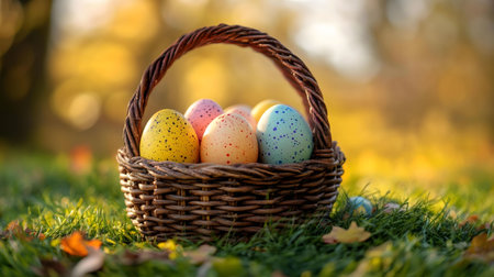 Colorful Easter eggs in a wicker basket, nestled in a sunny spring meadow.