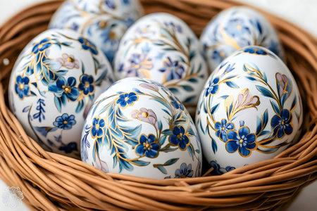 Hand-painted floral Easter eggs in a wicker basket.