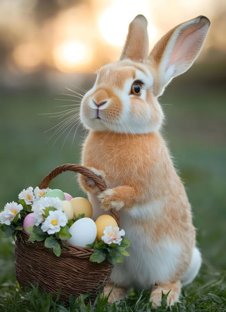 A fluffy bunny holds a basket of pastel Easter eggs during a beautiful sunset. The scene is...
