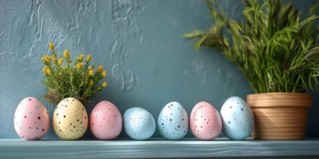 Six pastel Easter eggs and a small flowering plant arranged on a rustic shelf against a teal...