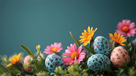 Close-up of vibrant Easter eggs nestled among blooming spring flowers, creating a cheerful springtime scene.の写真素材