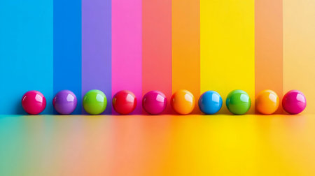 A row of shiny, colorful spheres sit before a bright rainbow backdrop.の写真素材