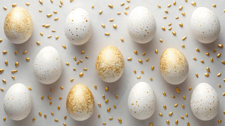 A delightful arrangement of white Easter eggs with gold speckles, creating a visually appealing...