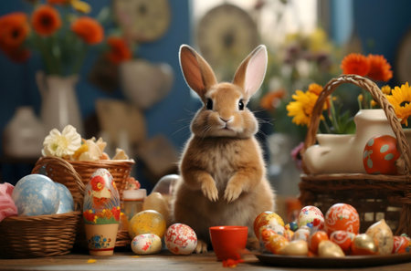 A cute brown bunny sits among colorful Easter eggs and flowers. Perfect for Easter cards and...