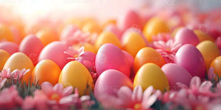 A delightful image of pastel-colored Easter eggs surrounded by soft pink flowers. Perfect for spring...