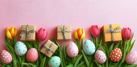 A cheerful Easter scene featuring colorful eggs, tulips, and small gifts arranged on a pink...