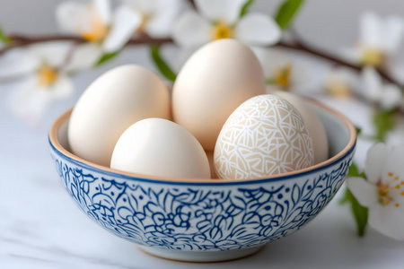 Four delicately decorated Easter eggs rest in a charming blue and white bowl, surrounded by blooming...