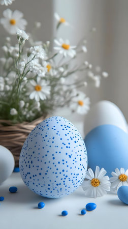 Close-up of pastel blue and white Easter eggs decorated with dots, alongside a bunch of delicate...