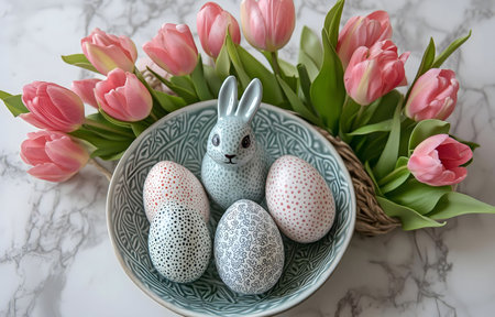 A charming Easter arrangement featuring a ceramic bunny, decorated eggs, and a bouquet of pink...