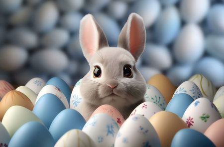 A charming gray bunny nestled among many colorful pastel Easter eggs.