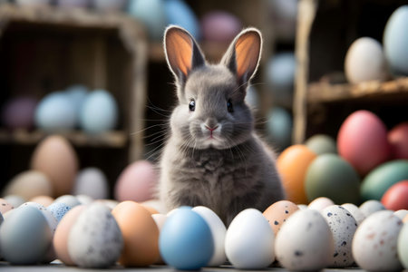 A charming gray bunny sits amidst a collection of vibrantly colored Easter eggs.