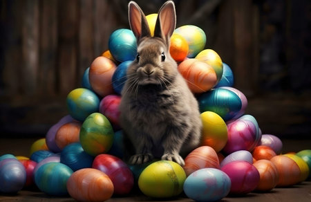 A charming gray bunny sits surrounded by a delightful assortment of colorful Easter eggs. A...