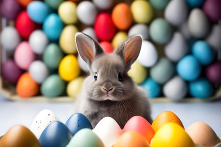 A charming gray bunny sits amongst a backdrop of brightly colored Easter eggs.の写真素材