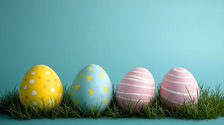 Four decorated Easter eggs nestled in vibrant green grass against a light blue backdrop.