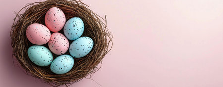 Pastel pink and blue speckled Easter eggs nestled in a twig bird's nest on a pink background.