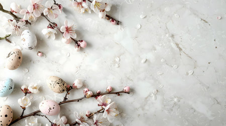 Pastel Easter eggs nestled among delicate spring blossoms on a marble background. Perfect for spring...