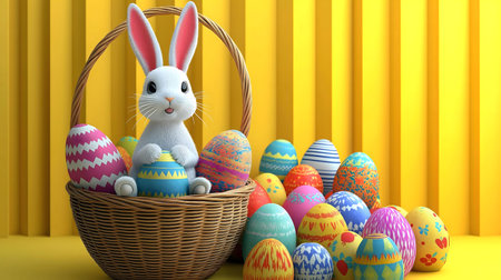 A cute 3D-rendered Easter bunny sits in a wicker basket filled with colorful eggs against a yellow...