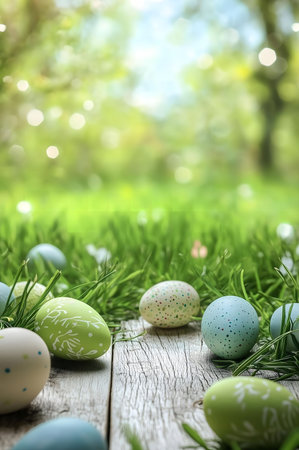 Pastel Easter eggs nestled in vibrant green grass, atop a rustic wooden surface. A perfect...