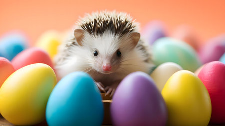 A tiny hedgehog surrounded by vibrant Easter eggs. A cheerful spring scene!の写真素材