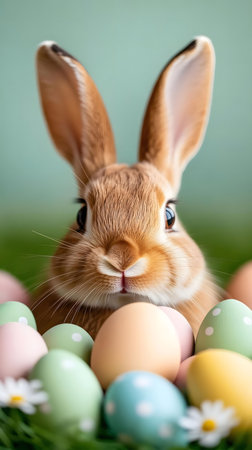 A charming Easter bunny surrounded by pastel eggs in a grassy nest.の写真素材
