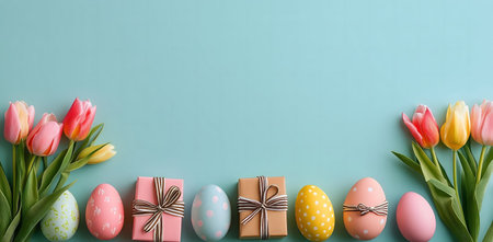 A cheerful Easter arrangement with pastel-colored eggs, gifts, and tulips.