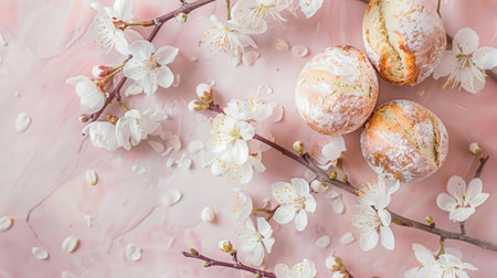 Artisan bread rolls surrounded by delicate cherry blossoms on a pink background. A delightful spring scene.の写真素材