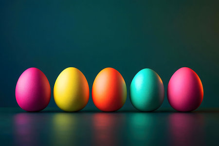 Five brightly colored eggs arranged in a row against a dark green background. A perfect Easter image.の写真素材