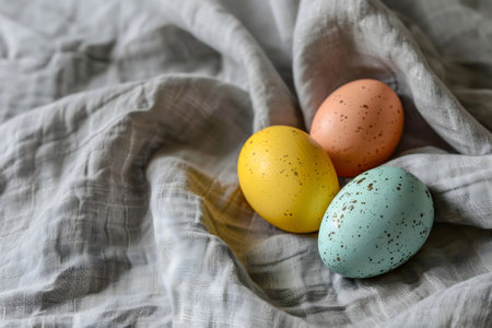 Three delicately speckled pastel Easter eggs rest gently on soft gray fabric, creating a serene spring scene.の写真素材