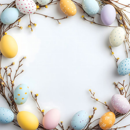 A vibrant arrangement of pastel Easter eggs forming a wreath, adorned with delicate spring blossoms....