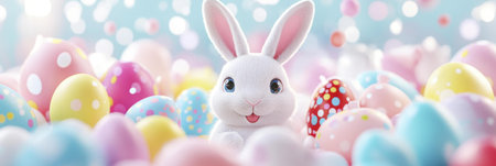 A charming white bunny surrounded by pastel Easter eggs. A joyful springtime scene.