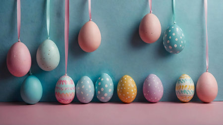 Pastel-colored Easter eggs hanging and on a pink surface. Festive spring decoration.