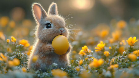 A charming image of an Easter bunny holding a yellow egg surrounded by beautiful yellow flowers.