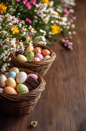 Close-up of two Easter baskets filled with colorful eggs and a chocolate bar, surrounded by blooming...