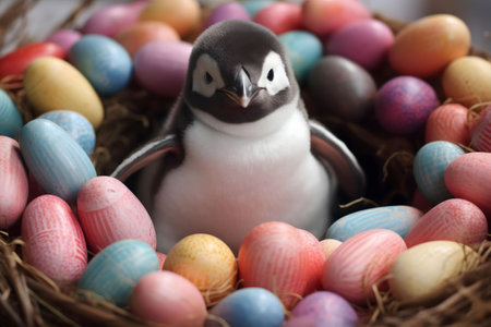 A tiny penguin chick sits in a nest surrounded by pastel Easter eggs.の写真素材