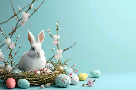 A fluffy white bunny sits in a nest with colorful Easter eggs and delicate blossoms. A joyful spring...