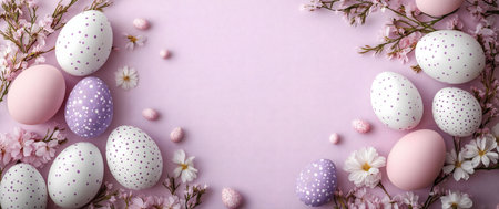 Pastel-colored Easter eggs and delicate pink blossoms create a beautiful springtime scene. Perfect for Easter cards or spring celebrations.の写真素材