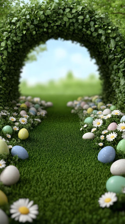 Pastel Easter eggs line a grassy path leading through a vibrant green archway. A springtime scene...