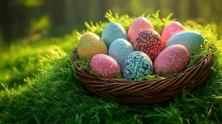 A charming springtime scene featuring vibrant Easter eggs artfully arranged in a woven basket,...