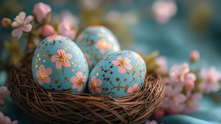 Three beautifully painted Easter eggs in a rustic bird's nest, surrounded by delicate pink blossoms.