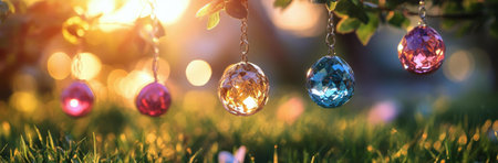 Vibrant crystal balls hang from a tree, bathed in the warm glow of a setting sun.