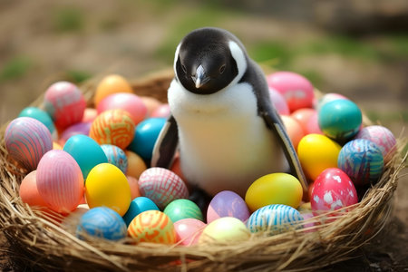 A charming penguin sits in a woven basket filled with vibrantly colored Easter eggs.の写真素材