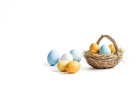 Colorful pastel Easter eggs in a rustic wicker basket on a white background.の写真素材