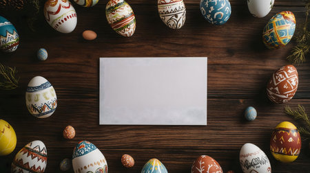 Easter eggs surround a blank card on a rustic wooden background. Perfect for your holiday message!
