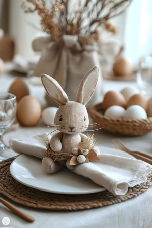 Adorable handmade bunny napkin ring adds a touch of charm to this rustic Easter table setting.の写真素材