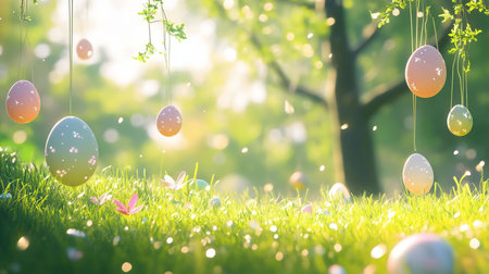 Pastel Easter eggs hang from branches in a vibrant meadow. A sunny, joyful scene.の写真素材